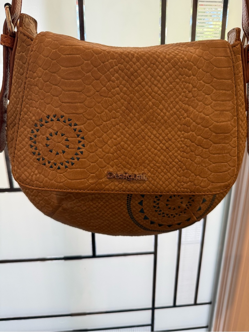 Desigual Tan Textured Crossbody Saddle Bag with Laser-Cut Accents